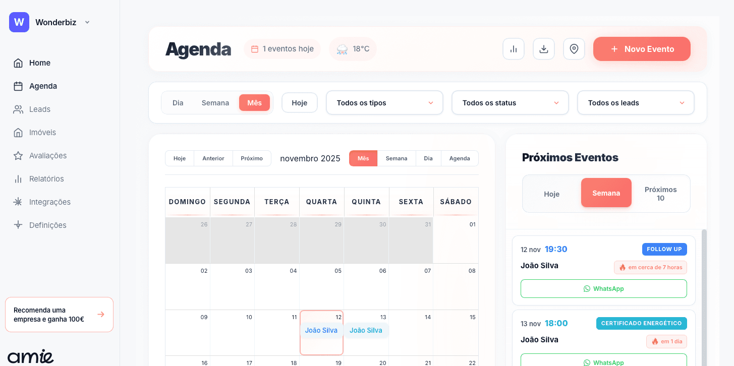 Agenda inteligente amie® - Interface de gestão de visitas imobiliárias com calendário, lembretes automáticos e deteção de conflitos